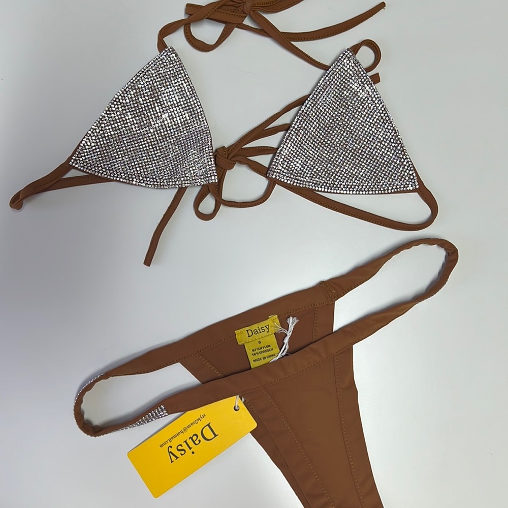 Daisy "Rhinestone Bikini" in Camel. Size Small. Fits true to size.